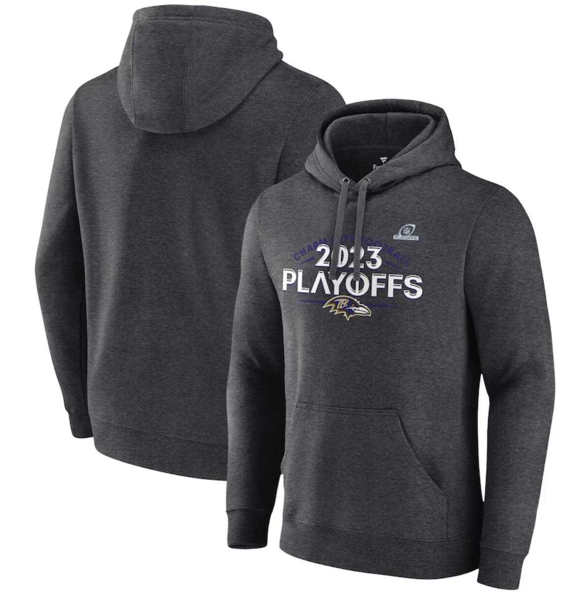Men's Baltimore Ravens Heather Charcoal 2023 Playoffs Fleece Pullover Hoodie,We sell and wholesale Men's Baltimore Ravens Heather Charcoal 2023 Playoffs Fleece Pullover Hoodie on line form chian!